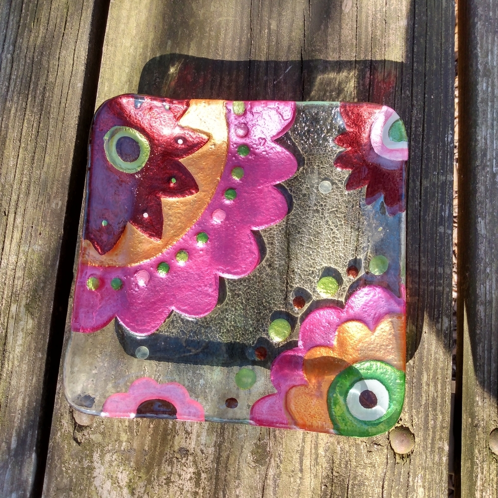 Square Glass Serving Dish Floral Pattern